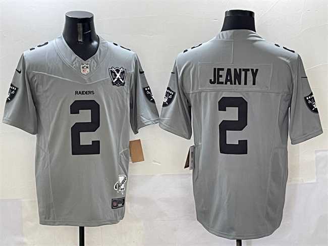 Mens Las Vegas Raiders #2 Ashton Jeanty Gray 2025 Draft F.U.S.E. With Nevada Silver Stat Patch And 65th Anniversary Patch Stitched Jersey->las vegas raiders->NFL Jersey